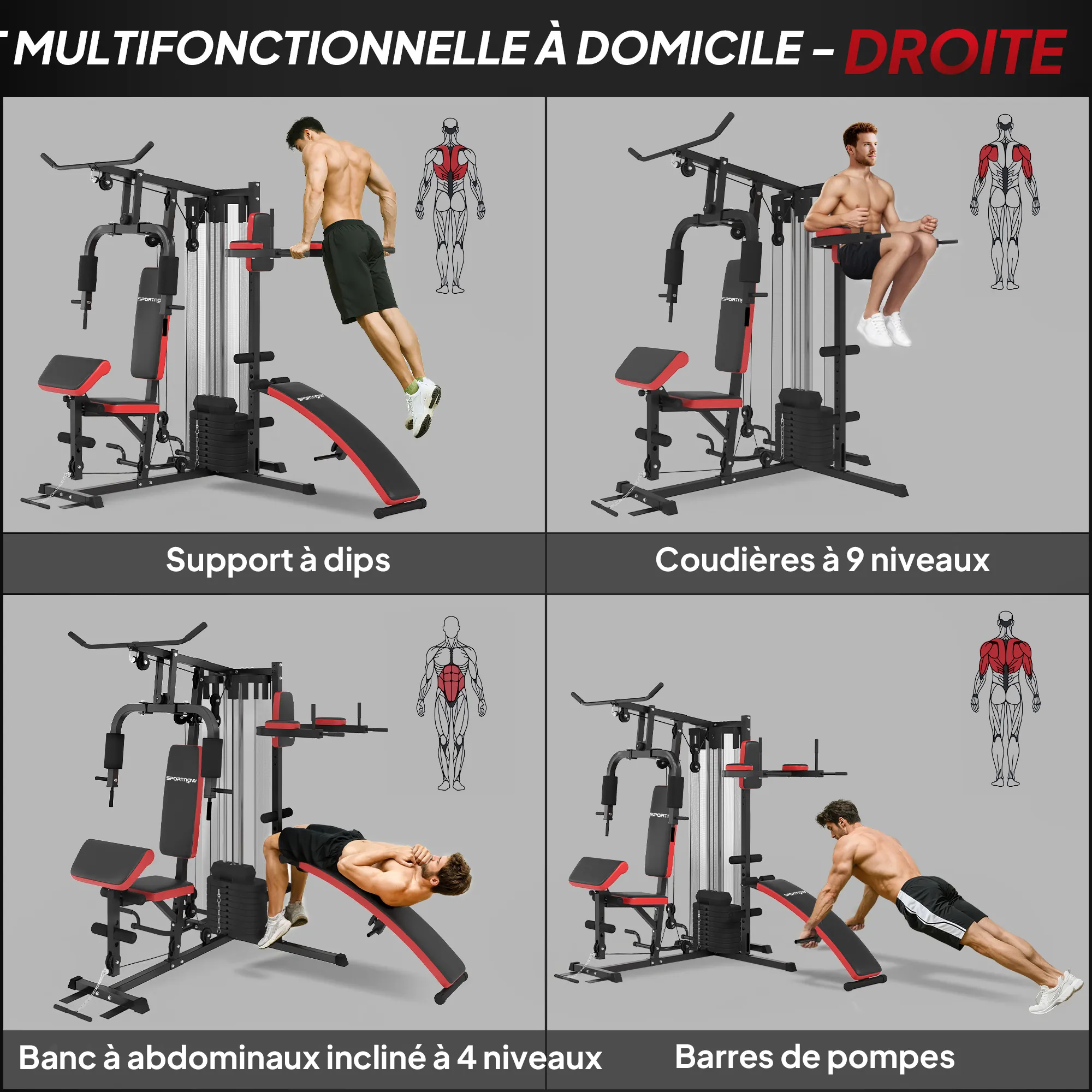 Station de Musculation Multifonction 65 kg avec Banc & Poulies – Rouge & Noir Tags - Image 5
